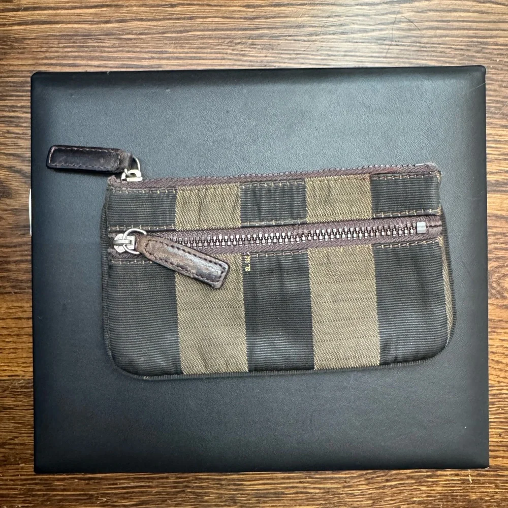 Fendi Pequin Black and Brown Striped Wallet Card Case Coin Case